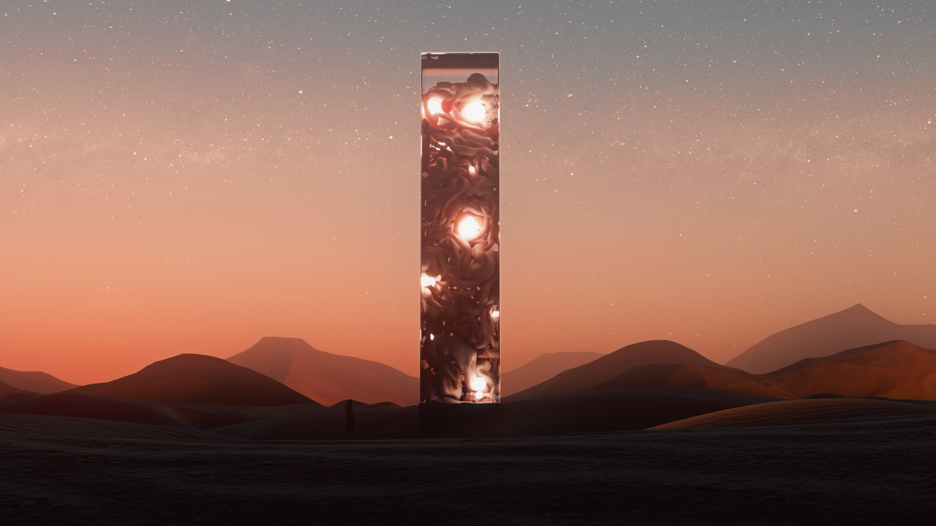 The column standing alone in dunes at dusk